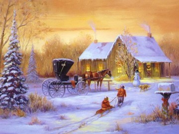 Weihnachten Schlitten mit Pferd und Kindern mit Hund Ölgemälde